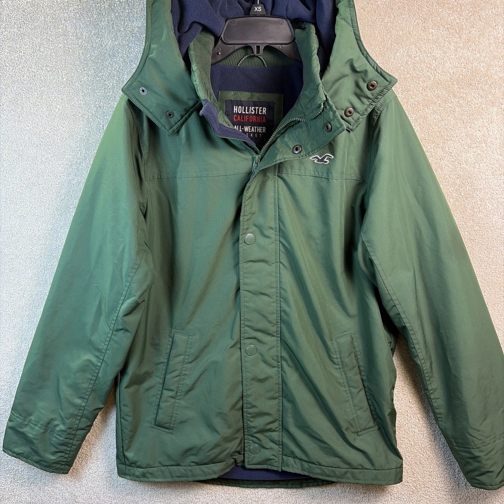 Hollister‎ All-Weather Jacket Mens Medium Green Hooded Fleece Lined READ